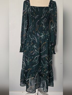 Nine West Dark Teal Printed Smocked Midi Dress